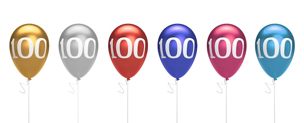 Numer 100 kolekcja balonów urodzinowych złoto srebro czerwony niebieski różowy Renderowanie 3D