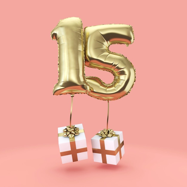 Numer 15 urodziny balon z helem ze złotej folii z prezentami 3D Render
