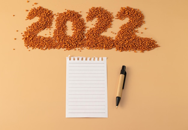 Numer 2022 obok notesu i długopisu do planowania Figurka wykonana z jasnego pomarańczowego połysku