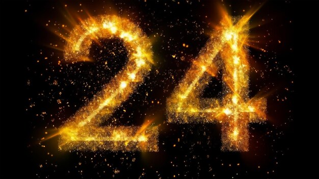 Numer 24 z iskrami i fajerwerkami na czarnym tle Szczęśliwego Nowego Roku 2024