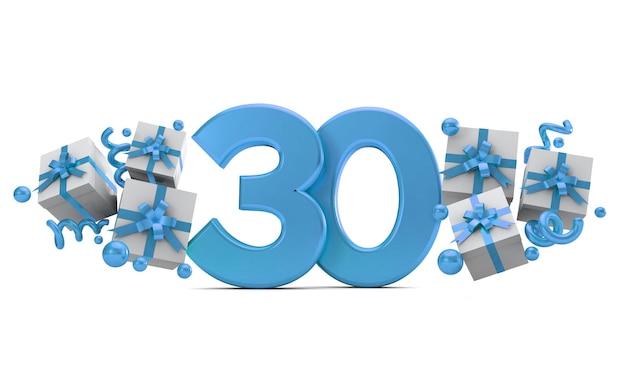 Numer 30 Niebieski Numer Urodzinowy Z Pudełkami Na Prezenty Renderowanie 3d