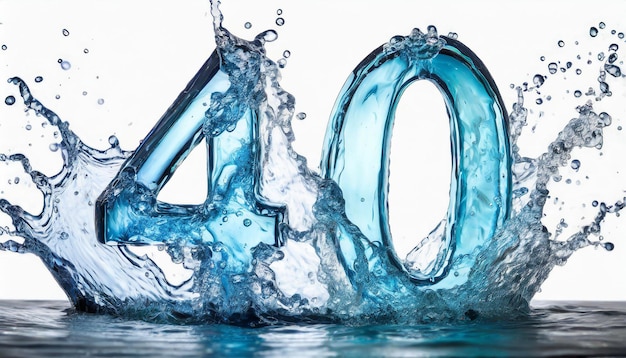 Numer 40 wykonany z wody z rozpryskami na białym tle Niebieska płynna postać renderowanie 3D