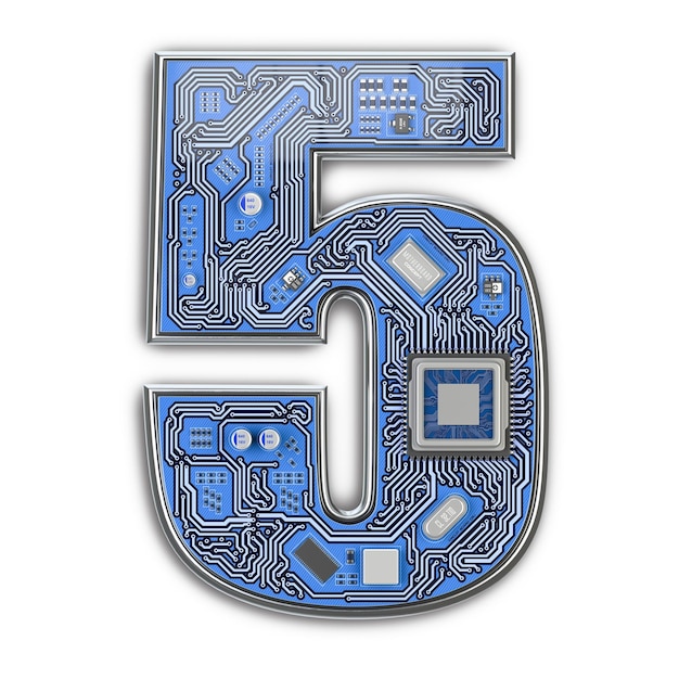 Numer 5 pięć Alfabet w stylu płytki drukowanej Cyfrowa litera hitech izolowana na białym tle