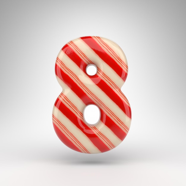 Zdjęcie numer 8 na białym tle. candy cane 3d renderowane numer z czerwonymi i białymi liniami.