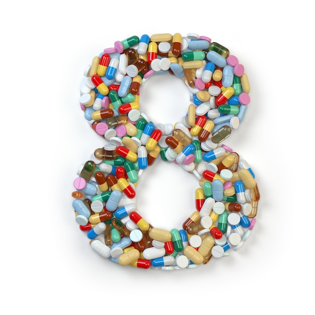 Numer 8 osiem z tabletek leków, kapsułek, tabletek i blistrów na białym tle