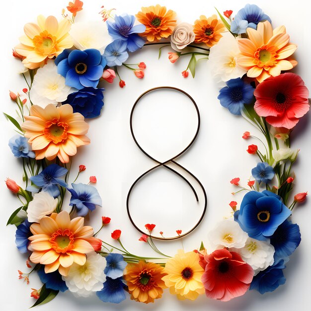 Numer 8 z kwiatami symbolizującymi Dzień Kobiet 8 marca