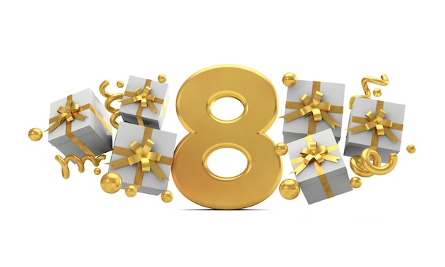 Numer 8 złoty numer urodzinowy z pudełkami na prezenty Renderowanie 3D