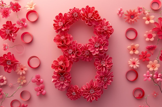 Numer osiem wykonany z kolorowych papierowych kwiatów na świętowanie Dnia Kobiet.