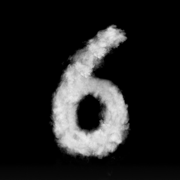 Numer sześć wykonany z białych chmur lub dymu na czarnej ścianie z miejscem na kopię, a nie renderowany.
