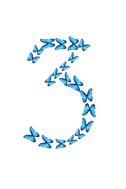 Numer trzy z niebieskich tropikalnych motyli na białym tle.