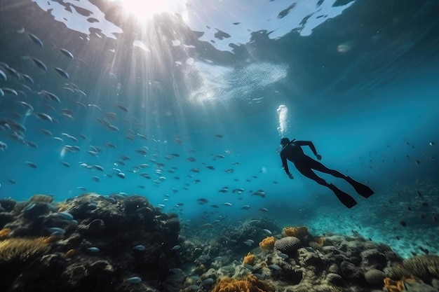 Nurek w widoku podwodnym oceanu to urzekające i ekscytujące doświadczenie, które pozwala odkrywać fascynujący i piękny świat pod falami Generacyjna sztuczna inteligencja