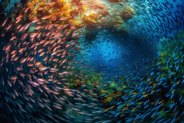 Nurkowanie z akwalungiem w morzu rafy koralowej tropikalnego oceanu pod wodą Krążący wir ryb Generative ai