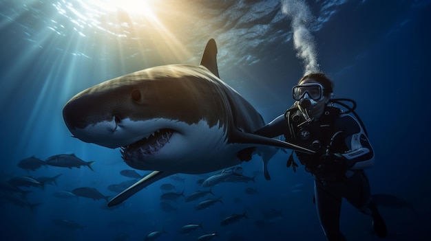 Nurkowanie z rekinami w tropikalnym oceanie, piękne jasne światło słoneczne i belki