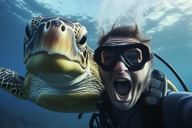 Zdjęcie nurkujący robi selfie z żółwiem na morzu