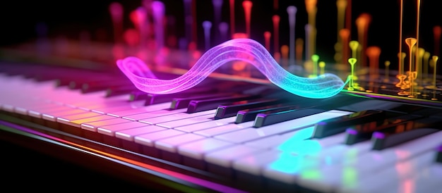 Zdjęcie nuty muzyczne w falach dźwiękowych z kolorami neonowymi na instrumencie muzycznym fortepianowym