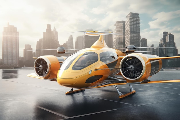 ?ó?ty i pomara?czowy helikopter znajduje si? na pasie startowym z miastem w tle Air taxi