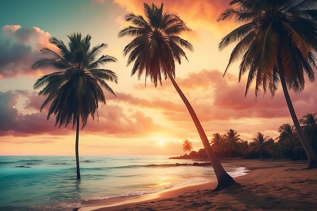 O zachodzie słońca na tropikalnej plaży i morzu z palmą kokosową