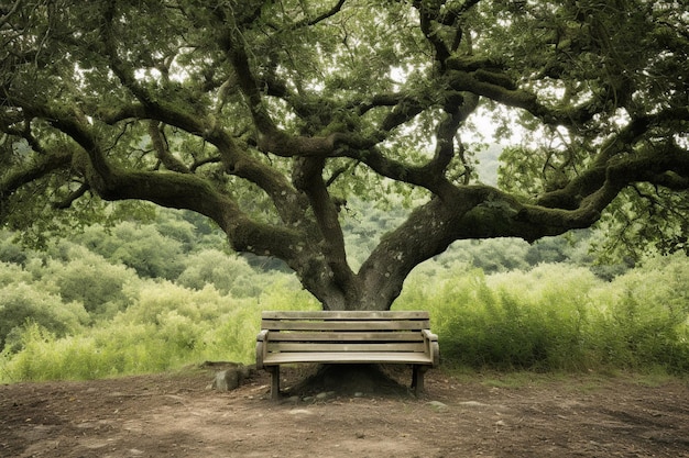 Zdjęcie oak tree with a bench positioned to catch the best view of the sunset