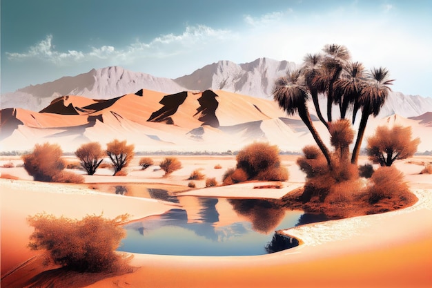 Oaza na pustyni z widokiem na odległe góry ukazująca kontrast między ziemią a niebem