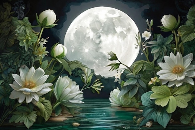 Oaza oświetlona księżycem mistyczne światło księżyca i zielony kwiatowy dotyk