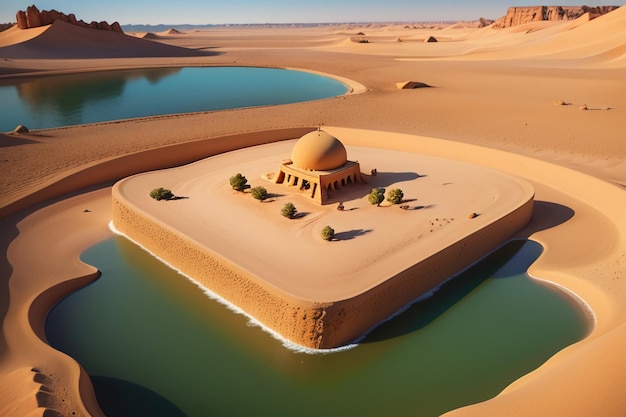 Oazy pustynne źródło wody jeziora niespodzianka świeża woda w piasku tapeta ilustracja tła