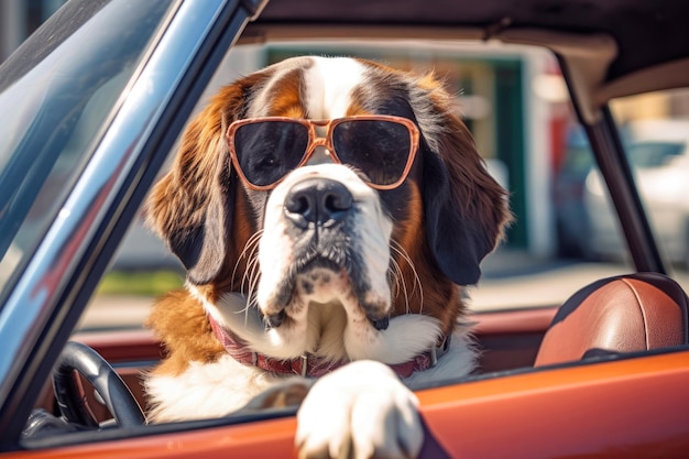 Obejmując wycieczkę, bernardyn w okularach przeciwsłonecznych przejmuje kontrolę nad kierownicą samochodu