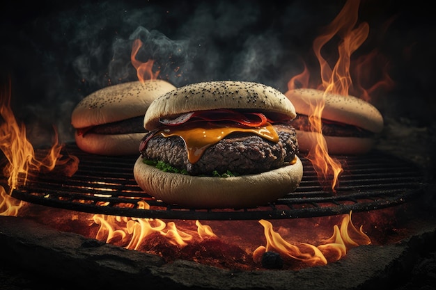 Obfite apetyczne hamburgery gotowane na ogniu w grillu na podwórku