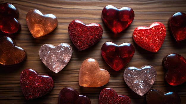 Zdjęcie obfite czerwone czekoladowe serca na ciemnej drewnianej powierzchni