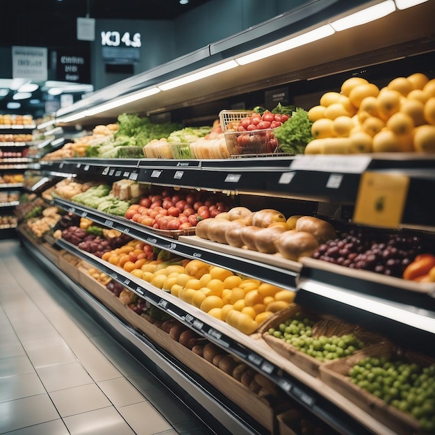Obfitość zdrowego wyboru żywności w korytarzu supermarketu generowana przez sztuczną inteligencję