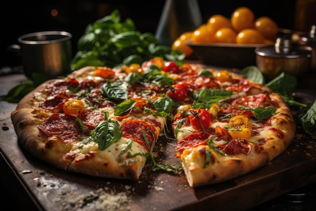 Obfity kawałek rzemieślniczej pizzy pokryty topionym serem i świeżymi składnikami generatywnymi IA
