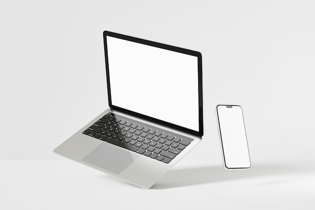 Obiekt renderowania ilustracji 3D. Laptop kolor srebrny i czarny z mobilny pusty ekran smartfona.