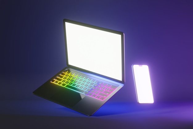 Obiekt renderowania ilustracji 3D. Laptop kolor srebrny i czarny z smartphone mobilny pusty ekran w niebieskim różowym jasnym kolorze tła.