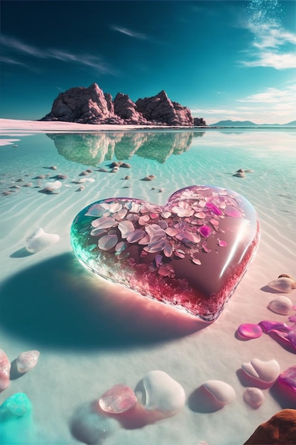 Obiekt w kształcie serca siedzący na szczycie piaszczystej plaży Generative Ai