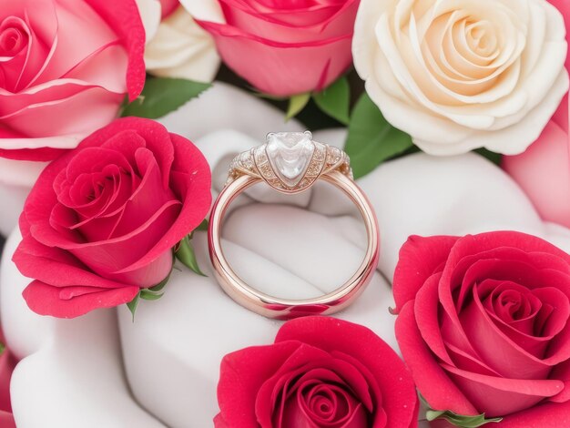 Obiekt z pierścieniem ślubnym otoczony różami widoczny z góry