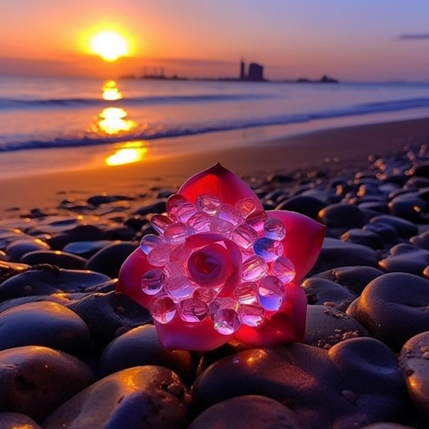 Obiekt z różowego szkła leży na plaży, a za nim zachodzi słońce.