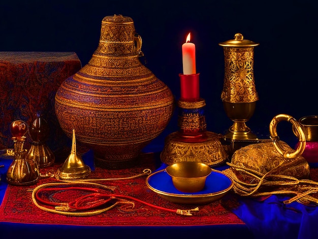 obiekt zabytkowy z epoki średniowiecza berberyjskiego słoiki ceramika szkło łuk latarnia świeca stare kable