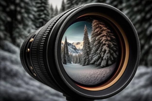 Obiektyw fotograficzny leży na śniegu w lesie Choinki odbijają się w obiektywie generowanym przez sztuczną inteligencję