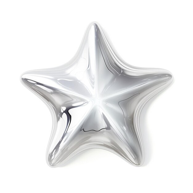Objętościowa metaliczna gwiazda z błyszczącą, odblaskową powierzchnią na białym tle