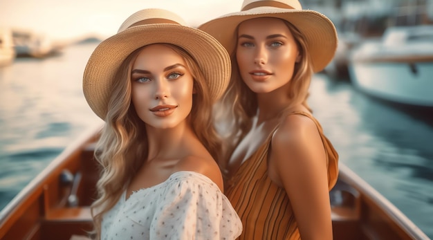 Obok siebie stoją dwie kobiety w kapeluszach