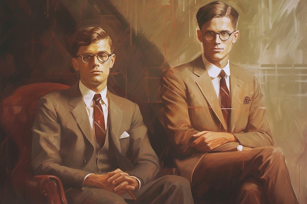 Obok siedzi mężczyzna w okularach i krawacie