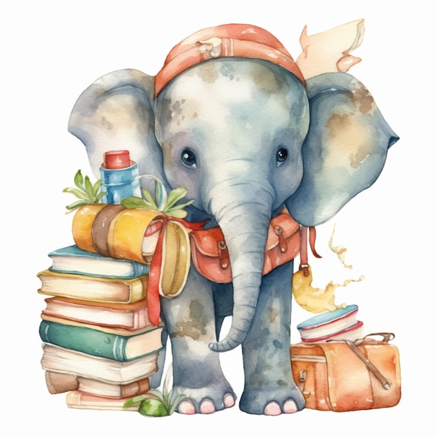 obok stosu książek generatywnych AI stoi słoń