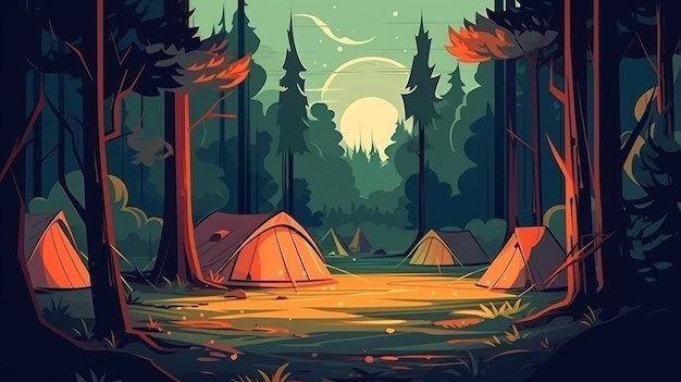 Obóz letni w leśnym krajobrazie Tło generatywnej sztucznej inteligencji