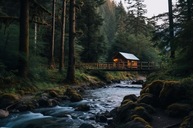 Obóz obok płynącej rzeki z drewnianym mostem