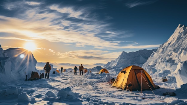Zdjęcie obóz rano w śnieżnych lodowych górach