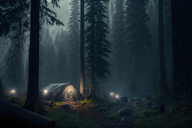 Obozowanie w ciemnym, mglistym lesie ognisko noc leśna mgła światło księżyca przytulny wieczór przy ognisku AI
