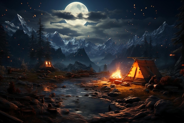 Obozowisko na noc z namiotem i ogniskiem oraz tajemniczym stworzeniem ukrywającym się i szpiegującym obóz