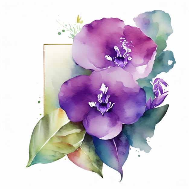 Obramowanie to ilustracja z życzeniami ślubnymi przedstawiająca fioletowy kwiat i zielone liście Generacyjna AI