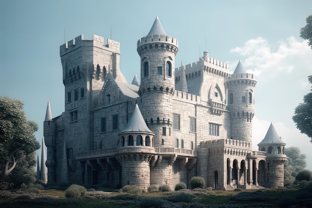 Obraz 3D bajkowego zamku ze stawem i łabędziami, mostem i gęstą roślinnością