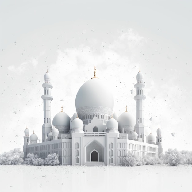 Obraz 3D meczetu z białym dachem i złotym wykończeniem