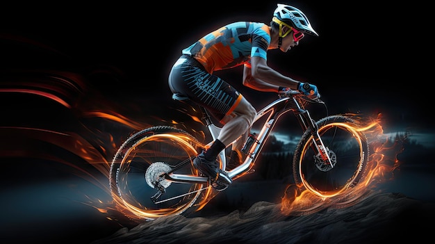 Obraz 3D wyścigu rowerów górskich z neonami